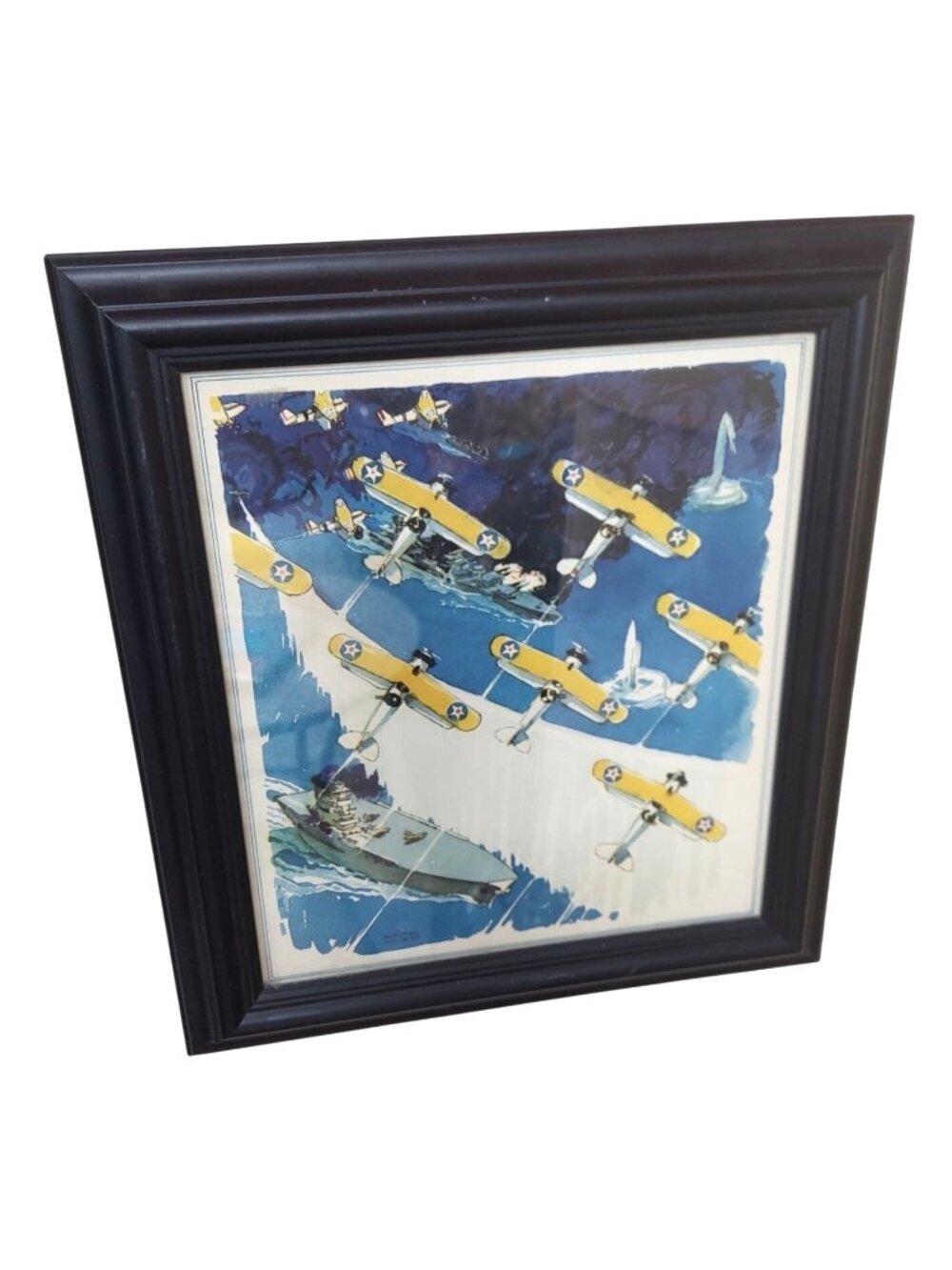 Vintage Framed Walter Buehr Fortune Magazine Navy Yellow Biplanes Illustration